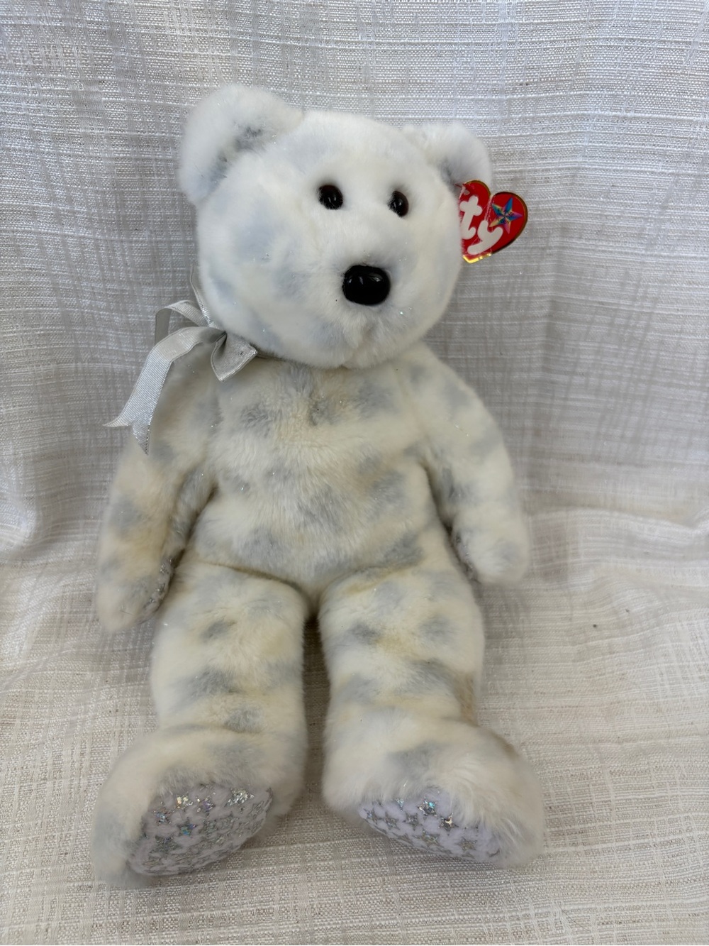 Ty White and Silver Sparkle Plush Bear with Bow